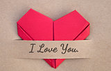 Valentines day postcard, red heart behind love banner, I love you