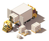 Vector isometric forklift loading box truck with crates on pallets icon