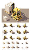 Vector isometric forklift with crates and pallets icon set