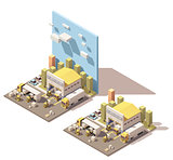 Vector isometric warehouse building icon with trucks loaded by forklifts