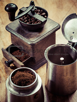 Moka express coffee maker and grinder