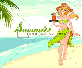 Girl with cocktail on beach. Summer vacation beach holidays