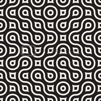 Vector Seamless Black And White Irregular Rounded Lines Pattern