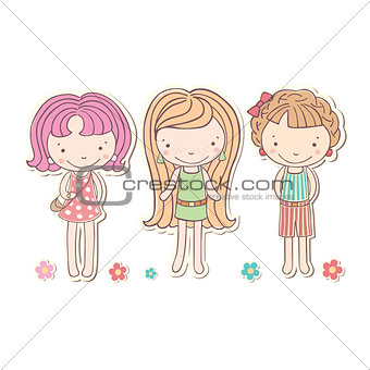 three girls little funny isolated, vector cartoon