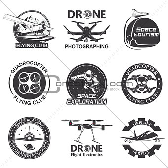 Set of vintage space, drone , aeronautics flight emblems, labels, badges