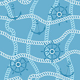 Seamless vector pattern with marine rope, anchors and ships steering wheel on blue background.