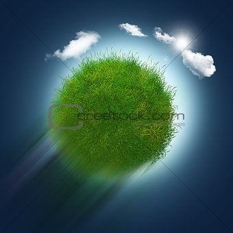 3D grassy globe zooming through the sky
