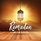 Ramadan landscape background with wooden table