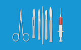 surgery surgeon metal tools with knife scissors and syringe