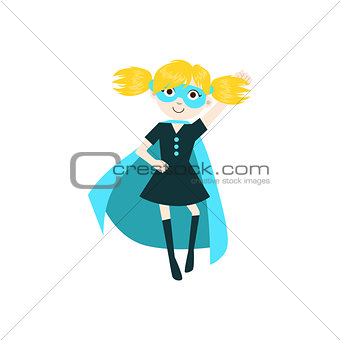 Girl In Superhero Costume With Blue Cape