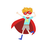 Boy In Superhero Costume With Red Cape