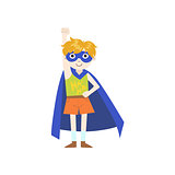 Kid In Superhero Costume With Blue Cape