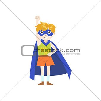 Kid In Superhero Costume With Blue Cape