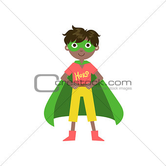 Kid In Superhero Costume With Green Cape