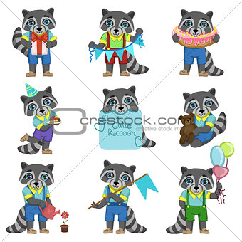 Cute Boy Raccoon Cartoon Set