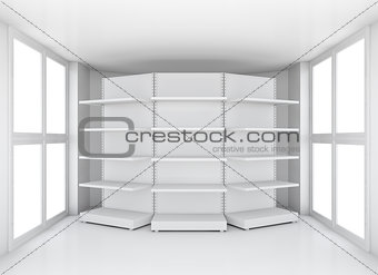 Realistic supermarket shelf in room with windows