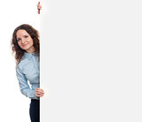 business woman holding white blank billboard sign