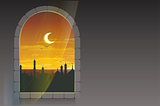 Month of Ramadan. Moon over minarets. Template greeting card