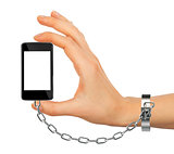Chained female hand holding phone