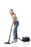 Smiling woman with vacuum-cleaner isolated