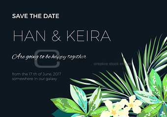 Wedding invitaion or card design with exotic tropical flowers and leaves