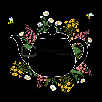 Herbs around teapot on a black layer with flying bees