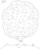 tree with leaves and flowers, owl in the hollow