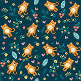 Orange cat and flowers, seamless pattern
