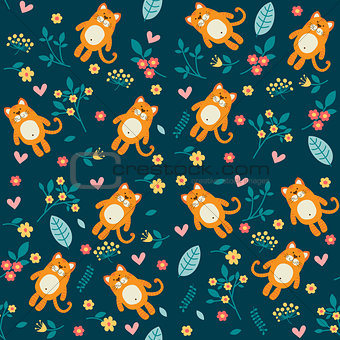 Orange cat and flowers, seamless pattern