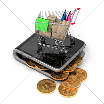 Virtual Wallet With Bitcoins And Shopping Cart