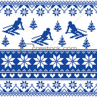 Winter knit pattern - man skiing - white and navy blue background