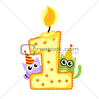 Happy First Birthday Candle and Animals Isolated on white, birthday 1 year, children's card. greeting card vector