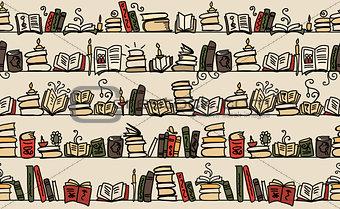 Seamless pattern with books on bookshelves, sketch design