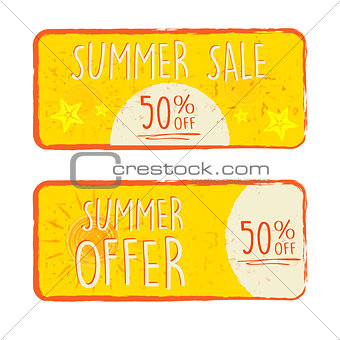 summer sale and offer with 50 percentages off and sun and starfi