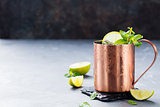Cold Moscow Mules cocktail ginger beer vodka, lime
