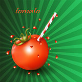 Red fresh tomato with straw on green background.