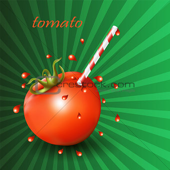 Red fresh tomato with straw on green background.