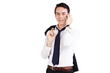 Young Caucasian businessman smiling with mobile phone