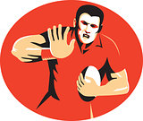 Rugby Player Fending Ball Retro