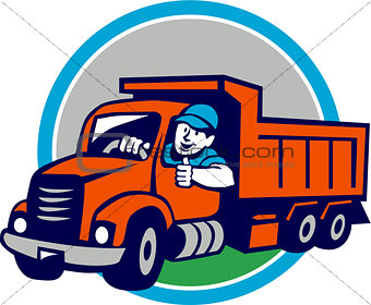 Dump Truck Driver Thumbs Up Circle Cartoon