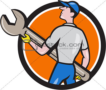 Mechanic Carrying Giant Spanner Circle Cartoon