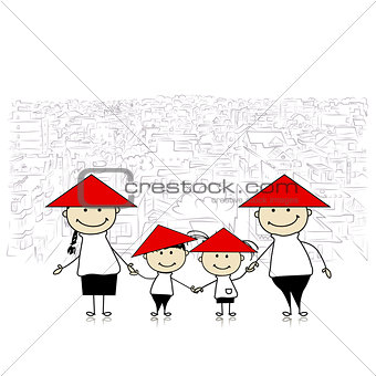 Happy family traveling in Asia. Sketch for your design