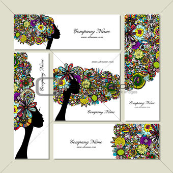 Business cards design, female floral portrait