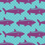 Seamless pattern with violet sharks on blue dotted background