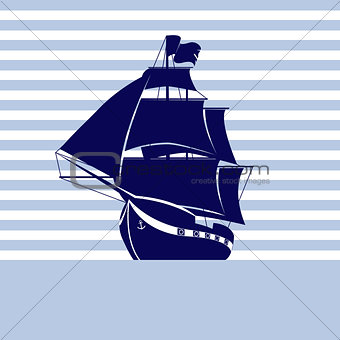Sailing ship on strip background in the sea