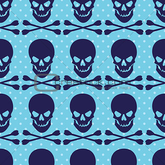 Seamless pattern with skull and crossbones on blue dotted background