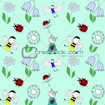 pattern with children, flowers and beetles