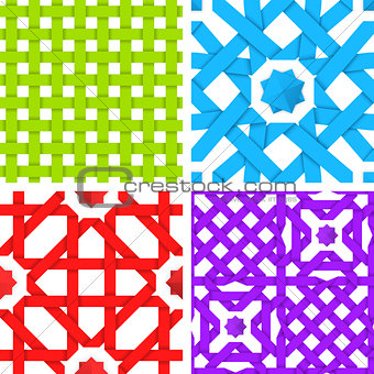 Seamless patterns set with colored crossed ribbons