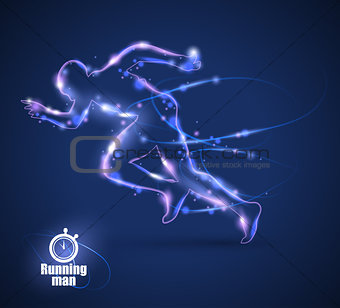 Motion design. Running Man isolated on black background. Blur and light.  Vector illustration