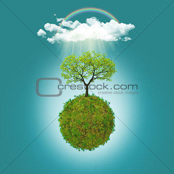 3D render of a grassy globe with a tree, rainbow and raincloud